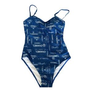 CHANEL Navy Logo Print Swimsuit